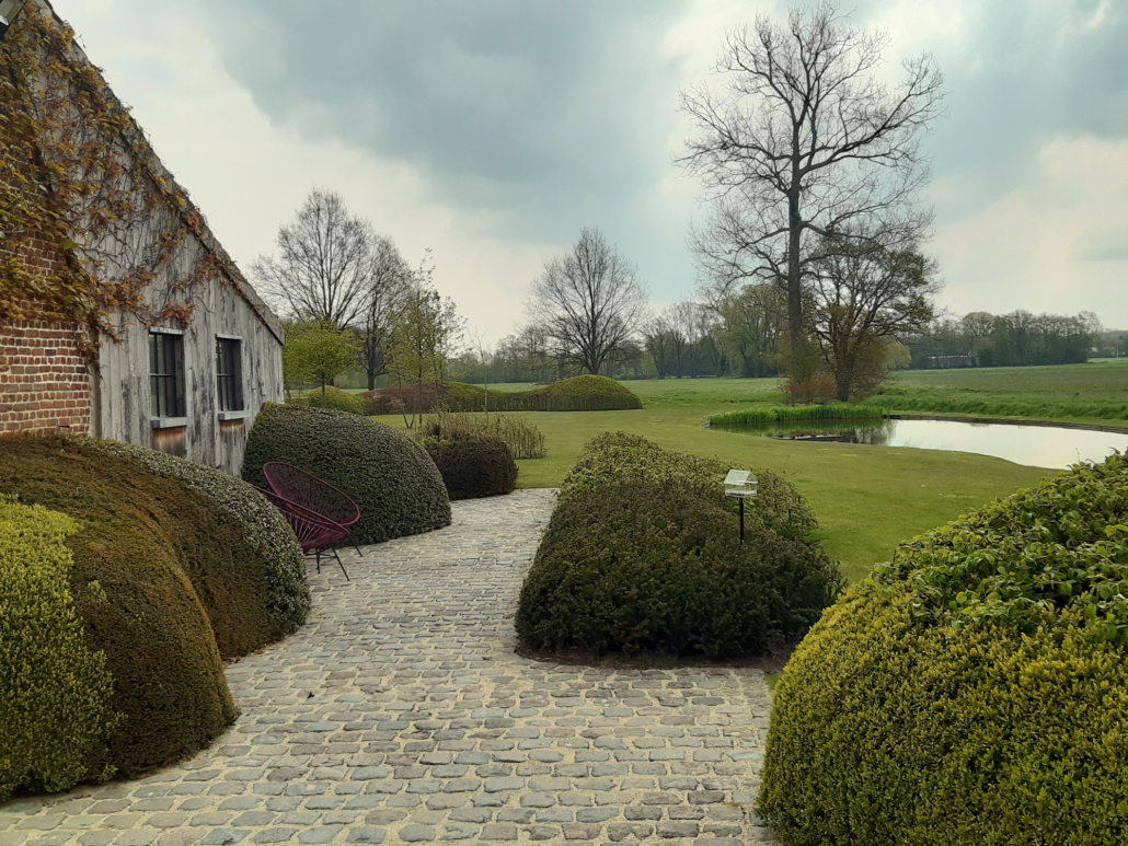 Grote tuin met vijver en hagen en heesters